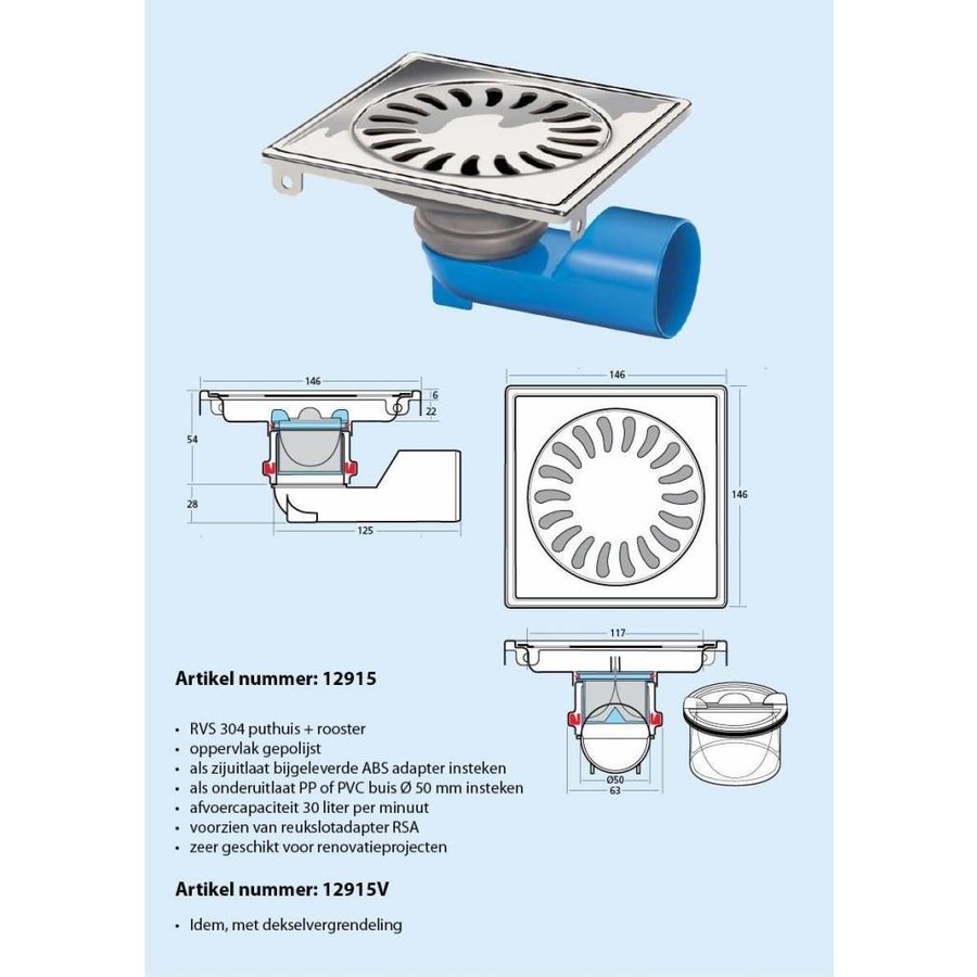 Vloer Doucheput met Zij-Onderuitlaat 15x15 cm 50 mm RVS Mat Zwart