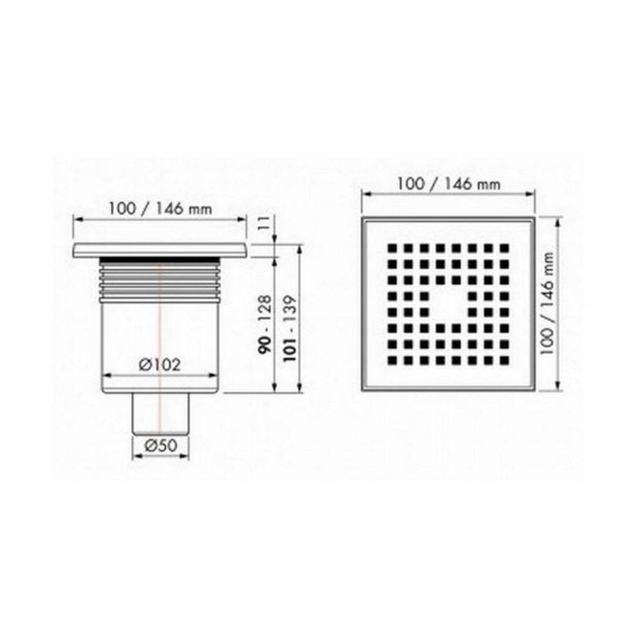 Vloerput Easy Drain Aqua Quattro met Abs Afwerkdeel RVS Rooster en Onderuitlaat AQUA15X15MSI3