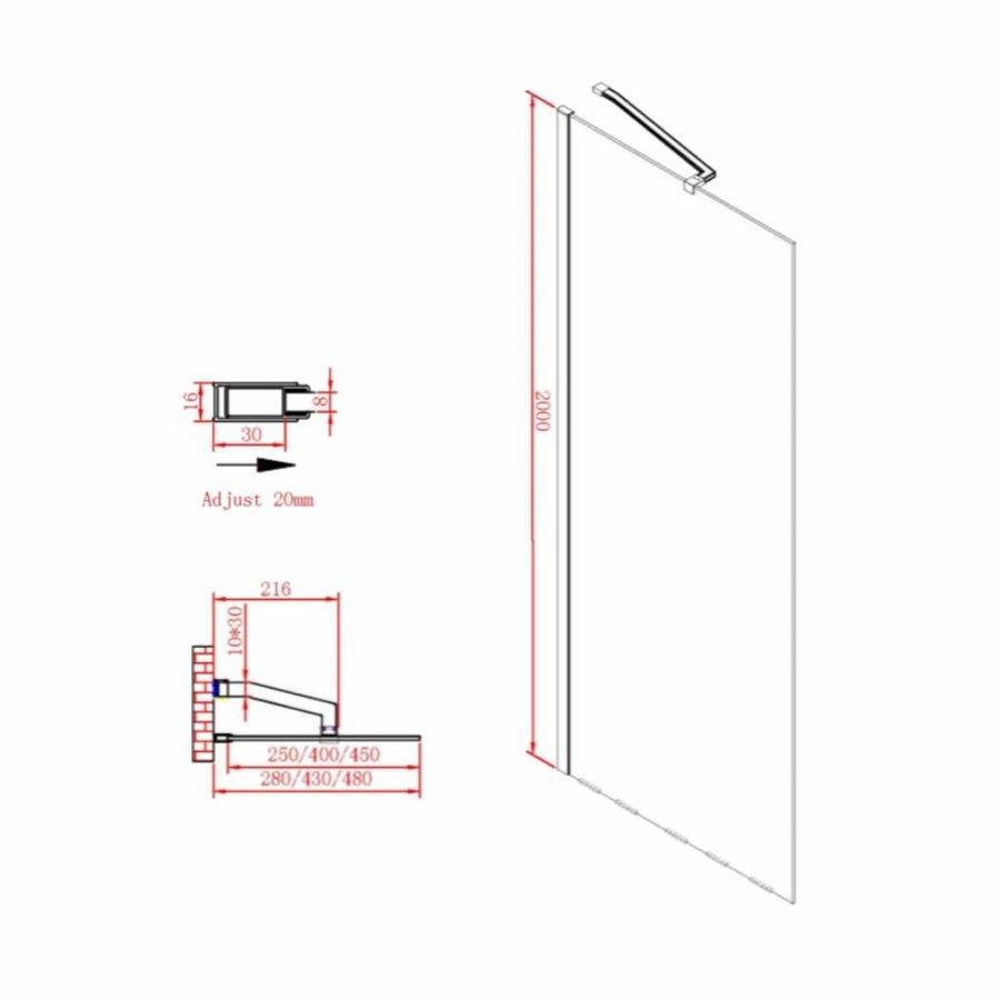 Inloopdouche Boss & Wessing Black 30x200cm Helder glas