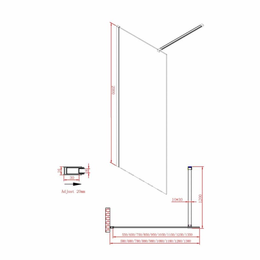 Inloopdouche Boss & Wessing Black 70x200cm Helder glas