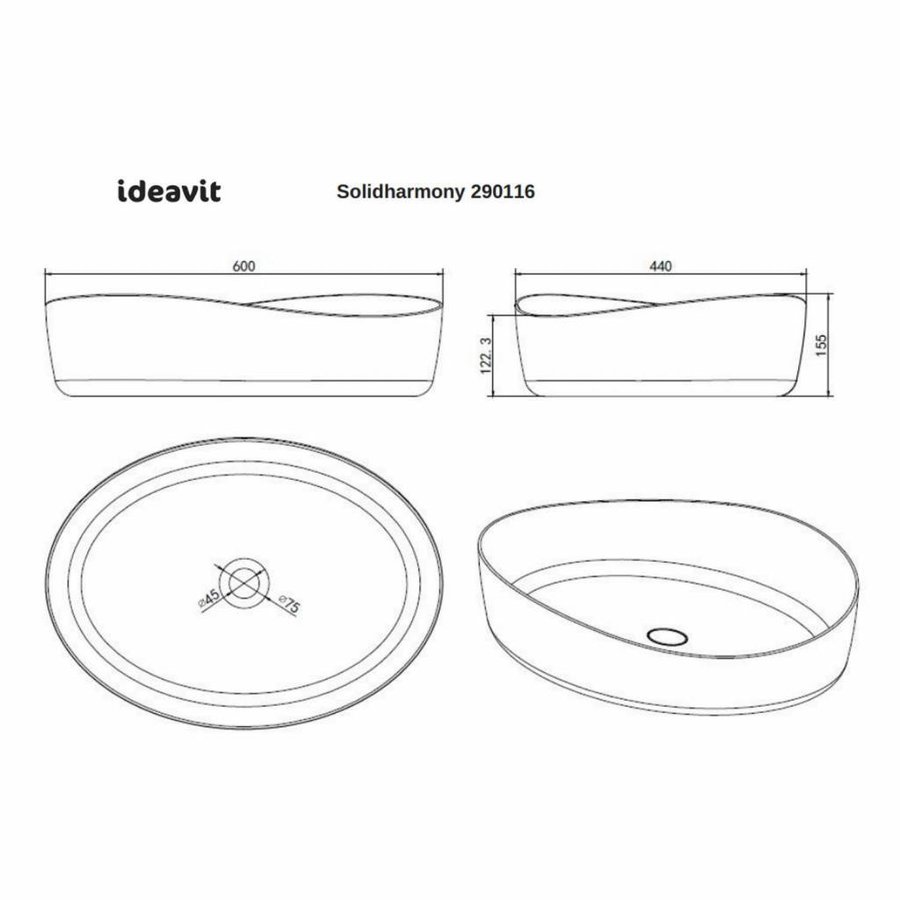 Opbouwwastafel Ideavit Solidharmony 60x44x15.5 cm Solid Surface Mat Wit