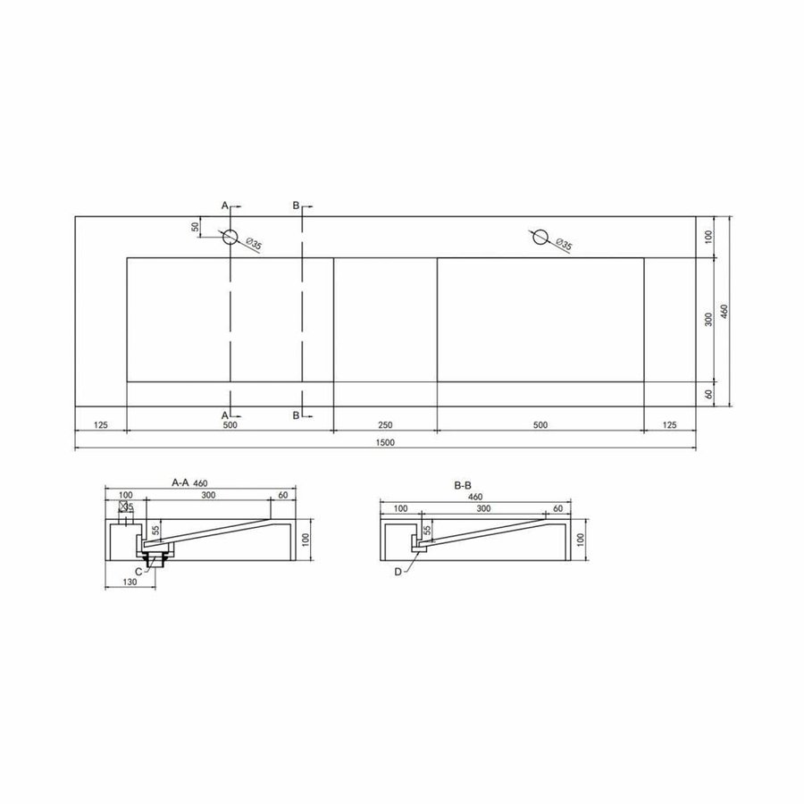 Wastafel Dubbel Ideavit Solidsquare 150x46x10 cm Solid Surface Mat Wit