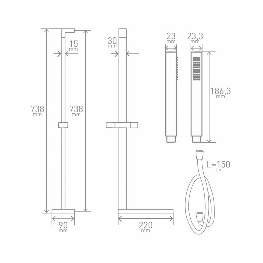 Glijstangset VM Sado Vierkant 74cm Compleet Chroom Antikalk Zeephouder