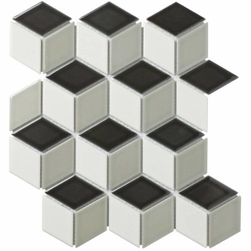 Mozaïek Paris 26.6x30.5 cm Geglazuurd Porselein, Cubic En Glanzend Wit, Grijs En Zwart Mix (Prijs Per m2) 