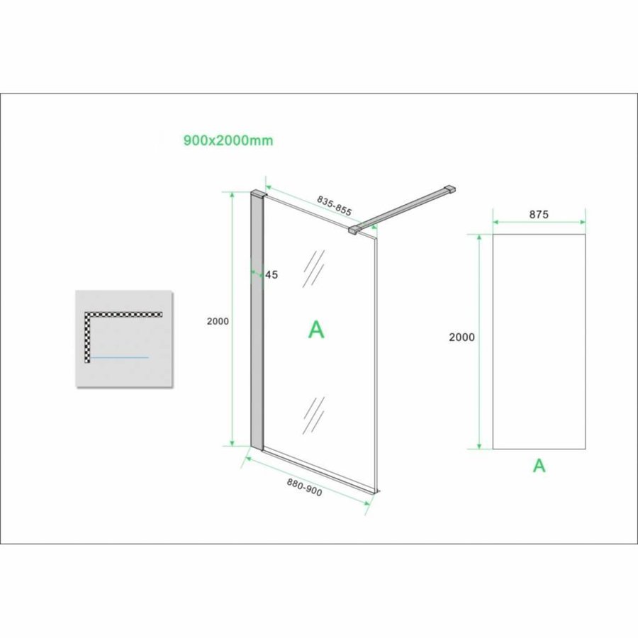 Safetyglass Inloopdouche Verticale Stang 10mm Nano Coating Mat Zwart (ALLE MATEN)