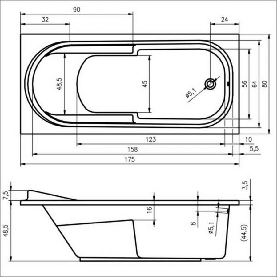 Ligbad Columbia 175X80X40 Cm Wit