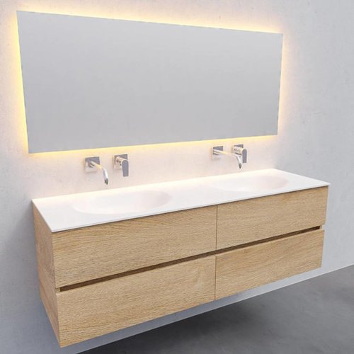 Badkamermeubel Solid Surface AQS Stockholm 150x46 cm Dubbel Wood Washed Oak 4 Laden (0 kraangaten) 