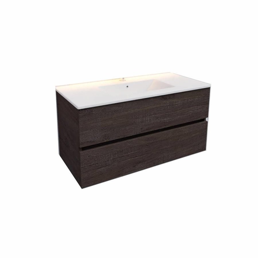 Badkamermeubel AQS Helsinki 100x46cm Keramiek Midden Wood Dark Brown 2 Laden (1 kraangat)