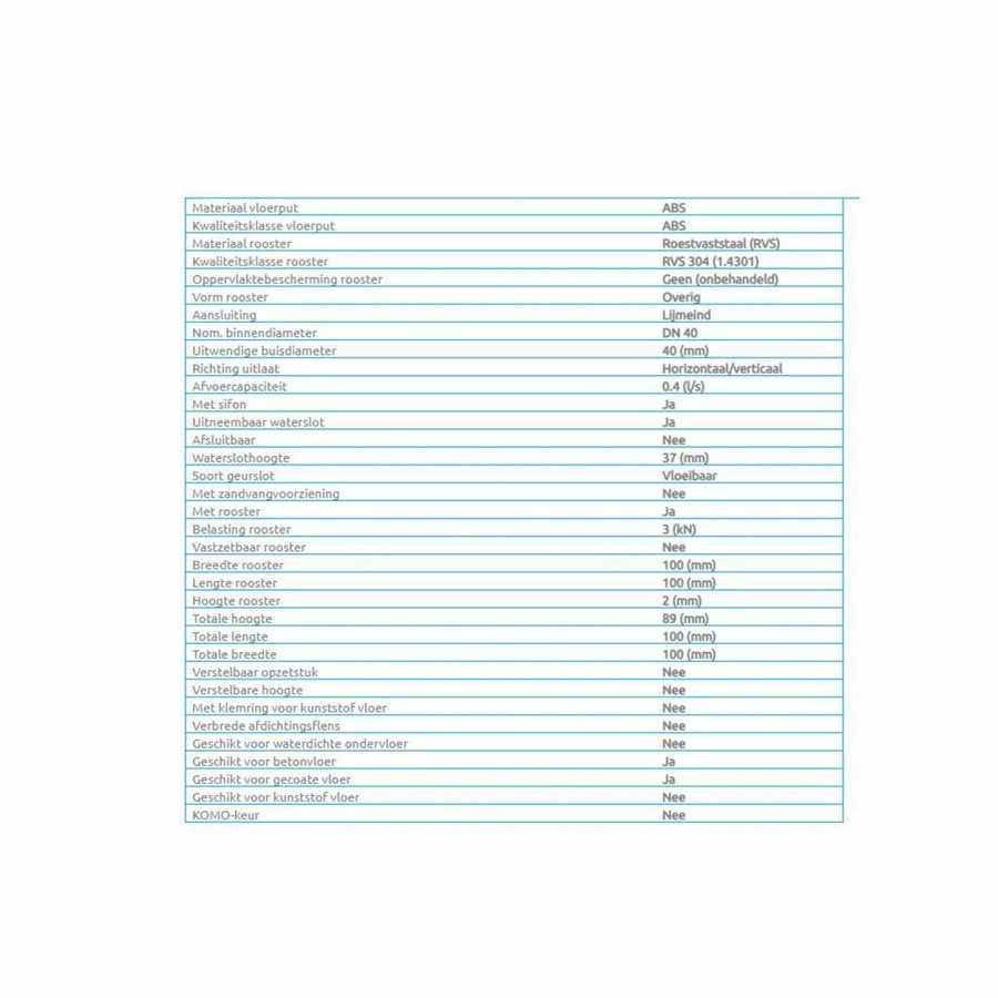 Doucheput Aquaberg ABS Vloerput met RVS Rooster Onderuitlaat 50mm en Zijuitlaat 40mm 10x10 cm