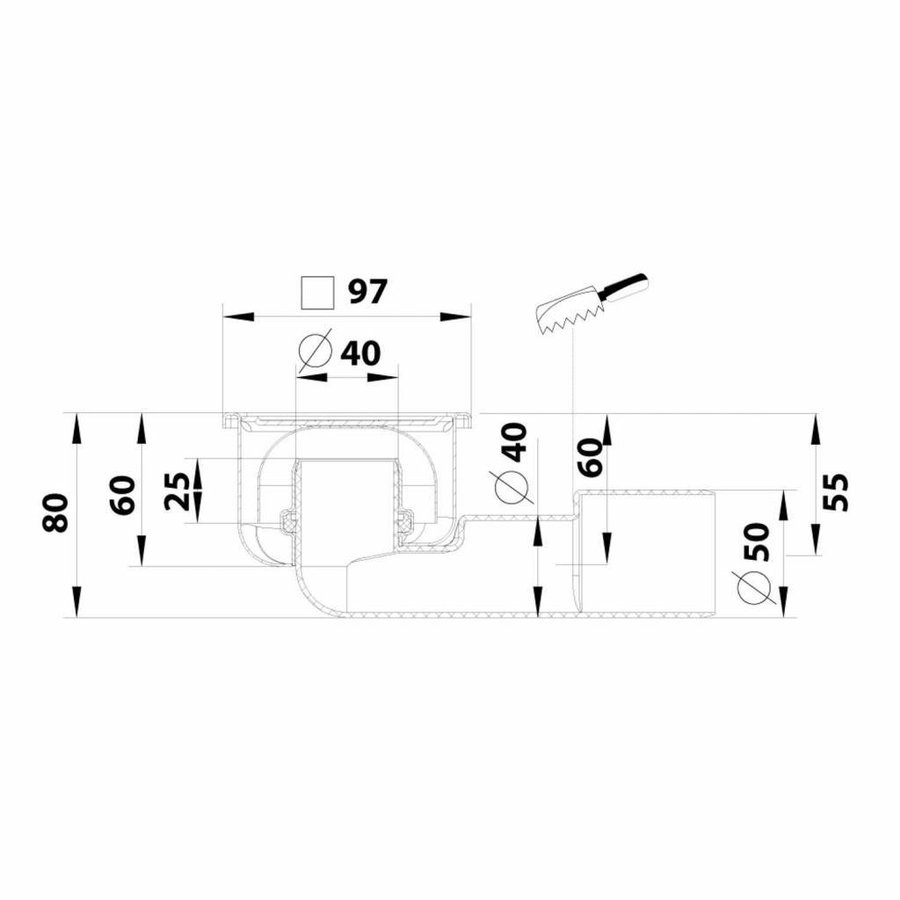 Doucheput Aquaberg Blücher Compact RVS Vloerput ABS Zij en Onderuitlaat 40mm 97x97mm met Waterslot 25mm