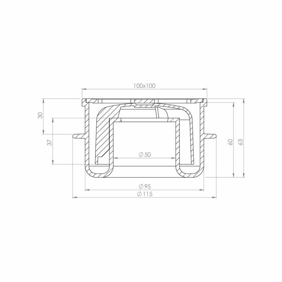 Doucheput Aquaberg ABS Vloerput RVS Rooster Onderuitlaat 50mm 100x100mm PPC Reukafsluiter