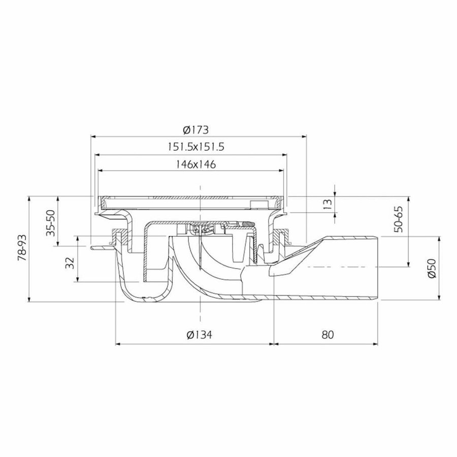 Doucheput Aquaberg ABS Vloerput ABS Opzetstuk RVS Sierrand Zijuitlaat 50mm Verstelbaar 146x146mm PPC Reukafsluiter