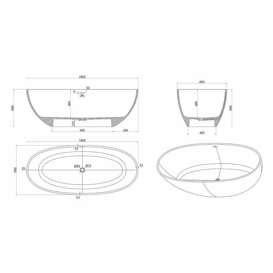 Vrijstaand Bad Luca Sanitair Vasca 180x80x60cm Solid Surface Antraciet