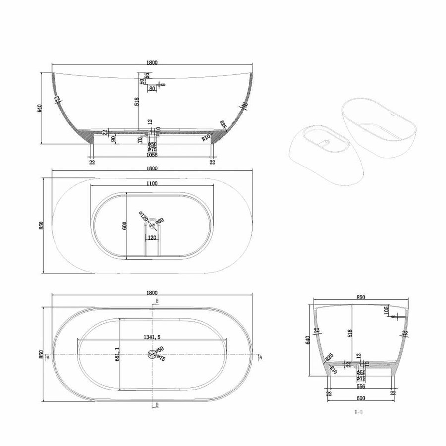 Vrijstaand Bad Luca Sanitair Vasca 180x85x64cm Mineral Stone Glans Wit