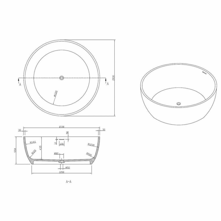 Rond Vrijstaand Bad Best Design Cirkel 153 cm Solid Surface Mat Wit