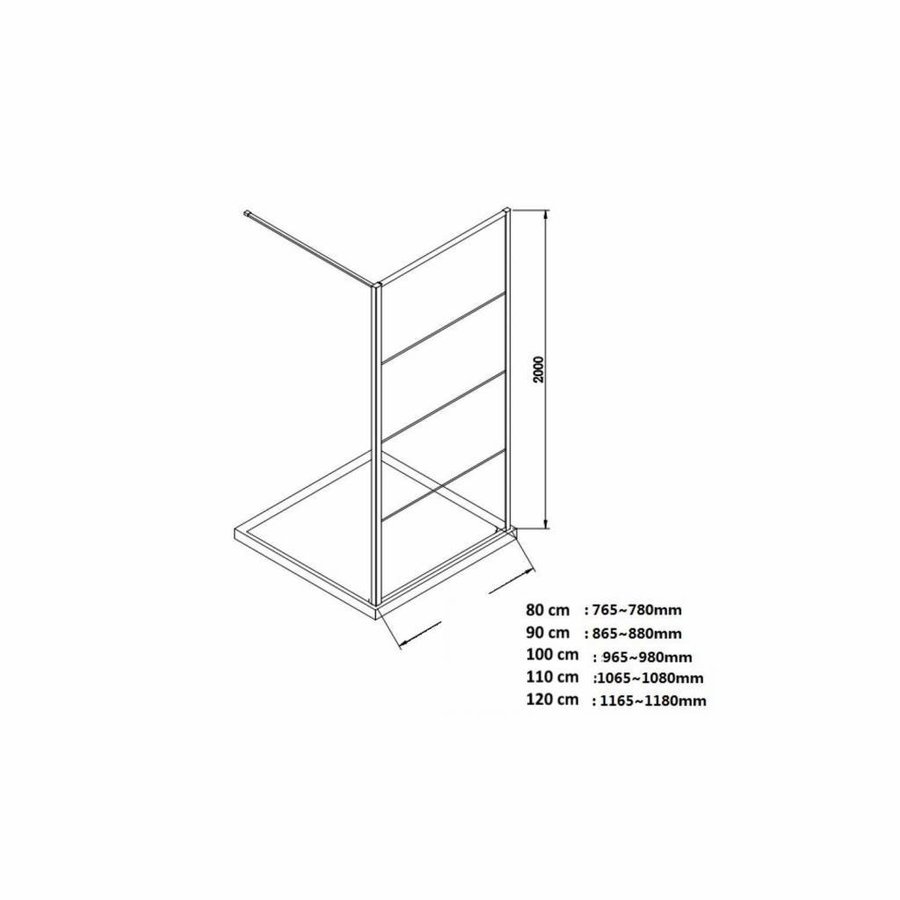 AQS Inloopdouche Frame 100x200 cm 8mm NANO Glas Mat Zwart Raster