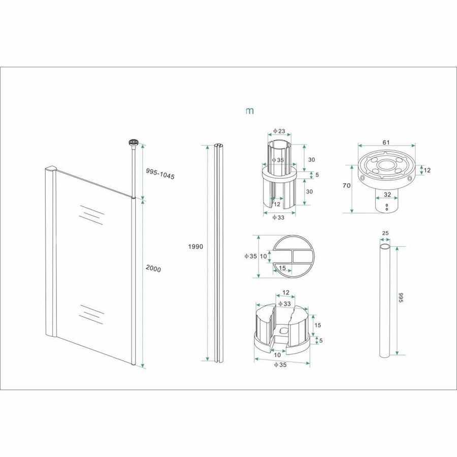 Verticale Stabilisatiestang Met Plafond Bevestiging AquaSplash Voor 10 mm Wand Mat Zwart