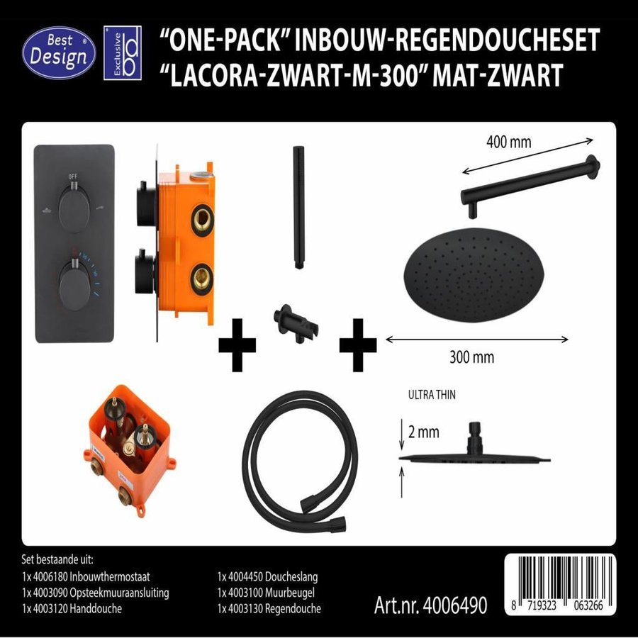 Regendouche Inbouwset Best Design 'One-Pack' Lacora M-300 Mat Zwart