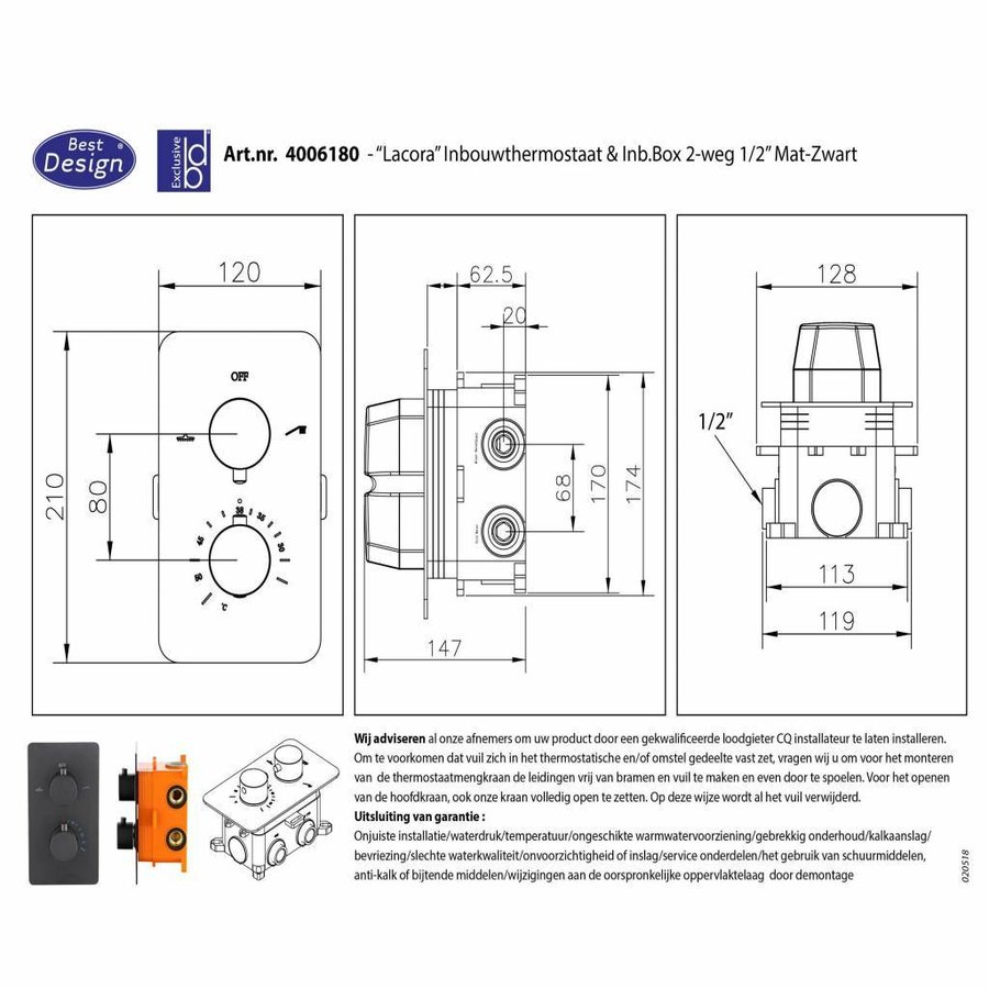 Regendouche Inbouwset Best Design 'One-Pack' Lacora M-300 Mat Zwart