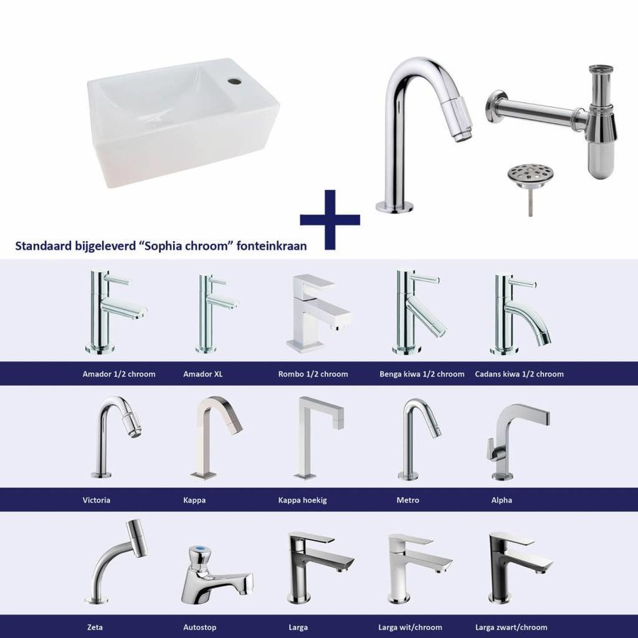 Fonteinset Chepri Mini Xxs 30,5X18X11 Cm Rechts Chroom (Keuze Uit 20 Kranen)