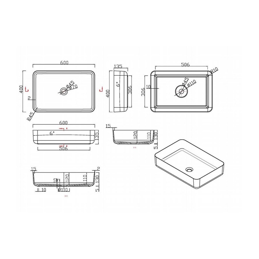 Waskom Opbouw Rechthoekig Luca Sanitair 60x40x13,5 cm Solid Surface Mat Wit