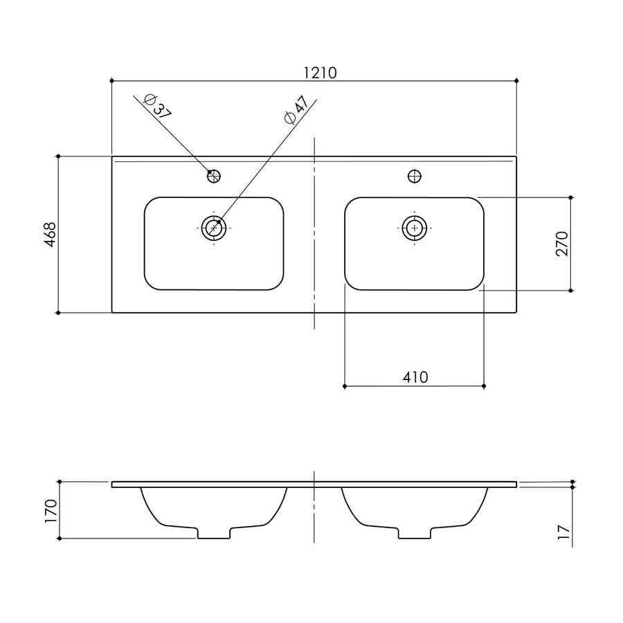 Wastafel Boss & Wessing Pakaru 121x46,5x17 Glans Wit (2 kraangaten)