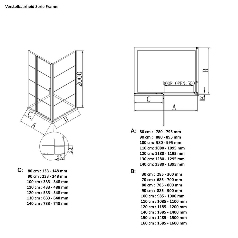 AQS Inloopdouche Frame 30x200 cm 8mm NANO Glas Mat Zwart Raster