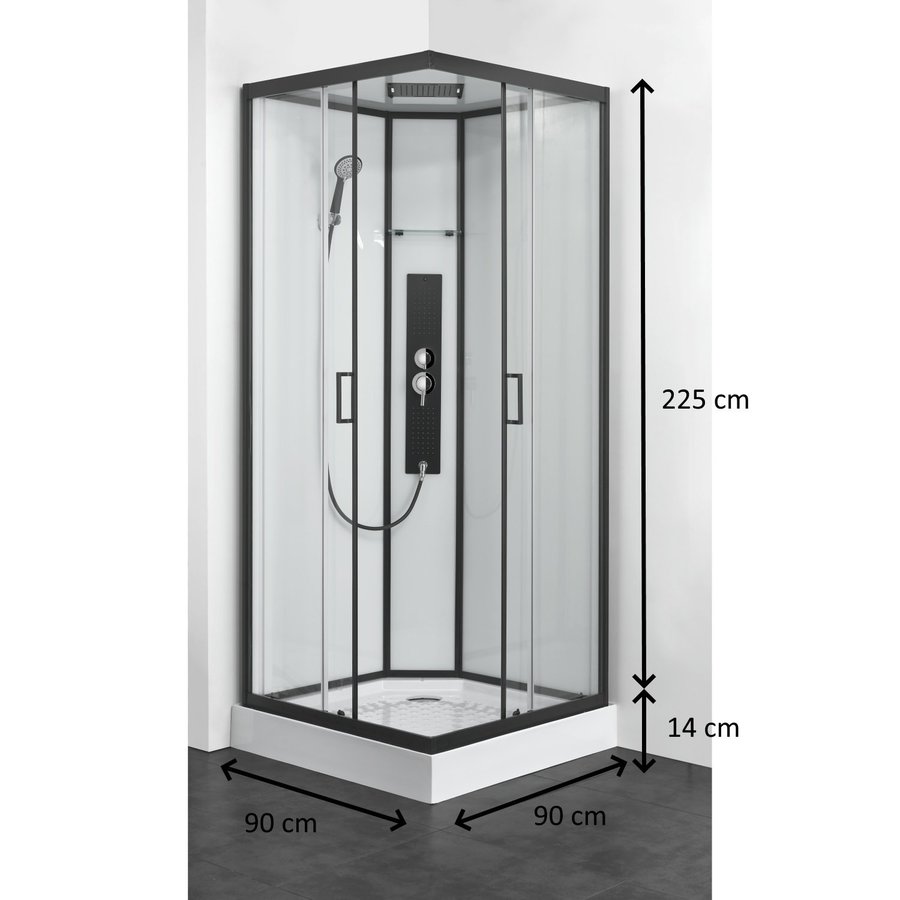 Douchecabine Allibert Uyuni 225x90x90 cm Vierkant Mat Zwart Schuifdeuren 4mm Helder Glas