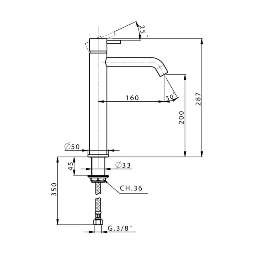 Wastafelkraan Opbouw Hoog Salenzi Giro Gegalvaniseerd Geborsteld Messing Zwart Chroom