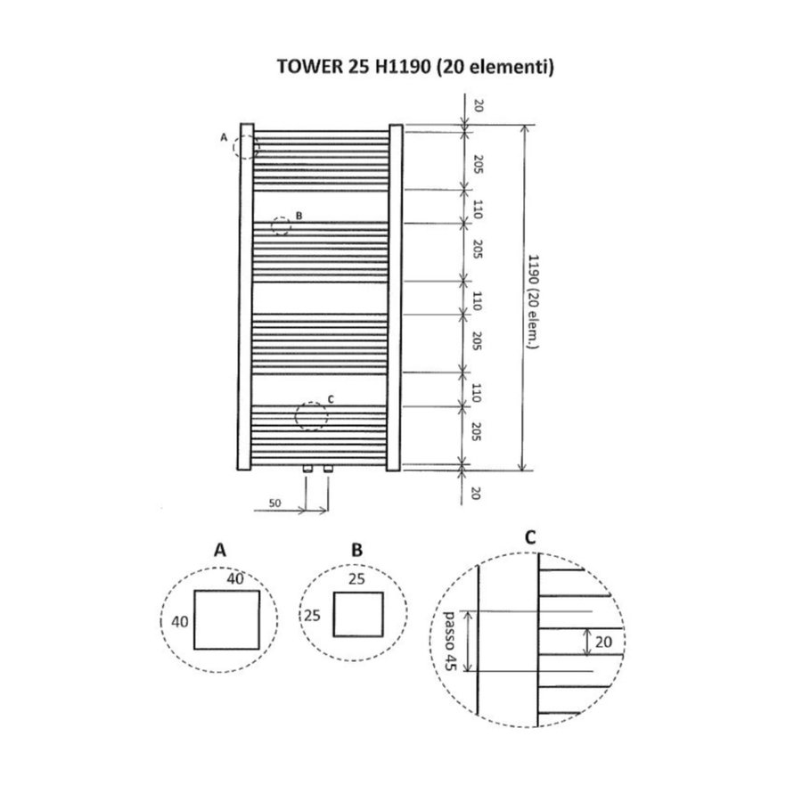 Sierradiator Tower 119x60 cm Mat Zwart Midden Onderaansluiting