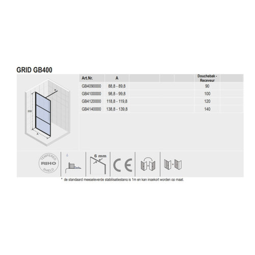 Inloopdouche Riho Grid 90x200 cm 6 mm Helderglas Zwarte Profielen 