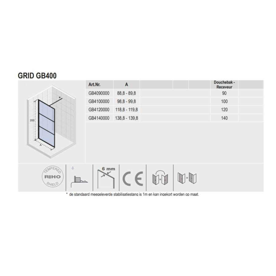 Inloopdouche Riho Grid 90x200 cm 6 mm Helderglas Zwarte Profielen