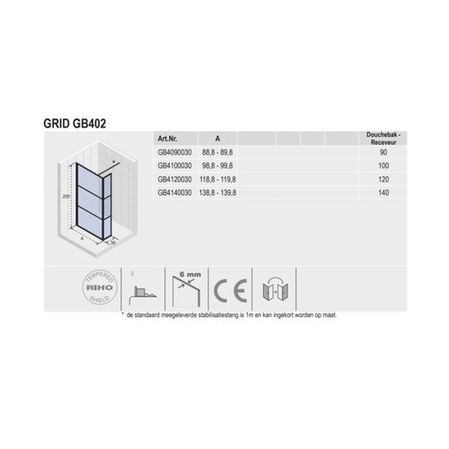 Inloopdouche met Zijwand Riho Grid 90x200 cm 6 mm Helderglas Zwarte Profielen 