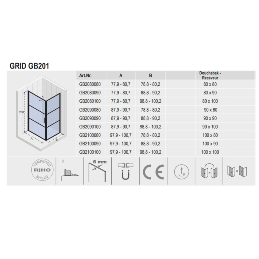 Douchecabine Riho Grid met Klapdeur 80x80 cm 6mm Helderglas Zwarte Profielen