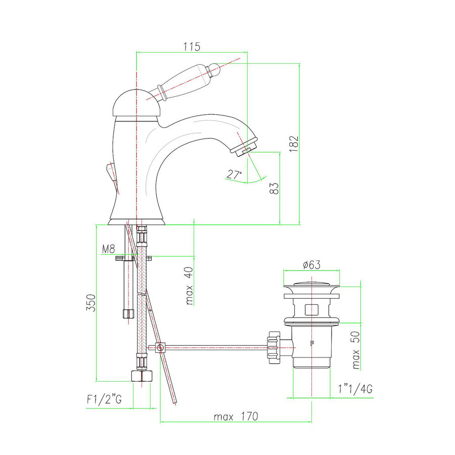 Wastafelmengkraan Sapho KirkÃƒÂ© Wit Retro 1-hendel Gebogen 18.2 cm Brons (incl. clickwaste)