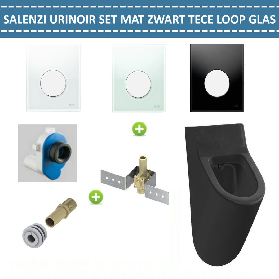 Urinoir Set Salenzi Hung Achterinlaat Mat Zwart met TECE Loop Drukplaat Glas