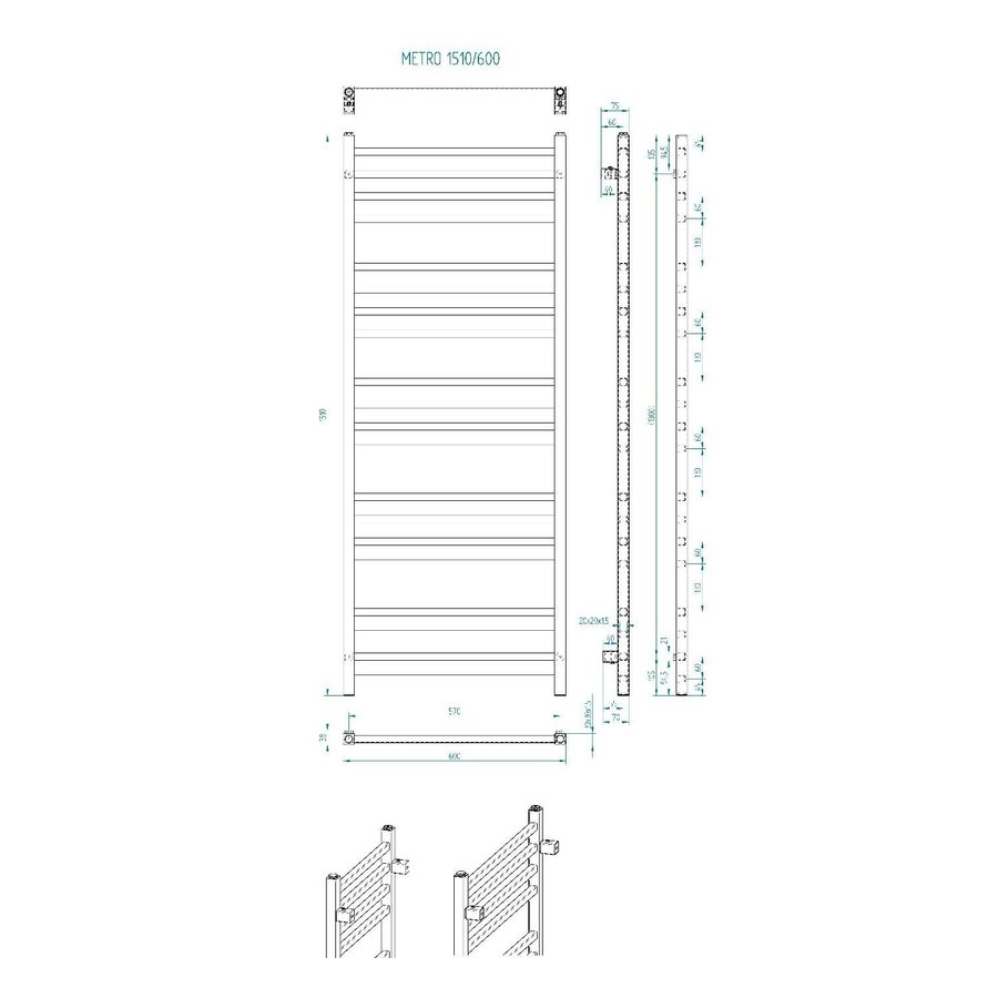 Handdoekradiator Sapho Metro Recht 60x151 cm Antraciet