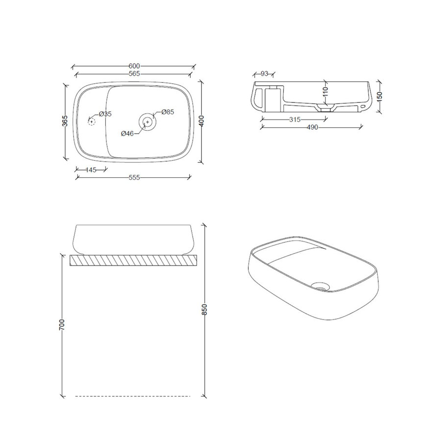 Waskom Sapho Aventin Rechthoek 60x40x15 cm Keramiek Wit (incl waste)