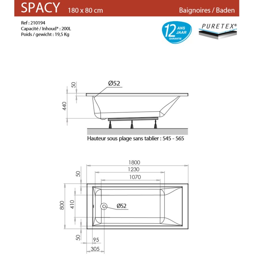 Ligbad Allibert Spacy 180x80x54,5-56,5 cm