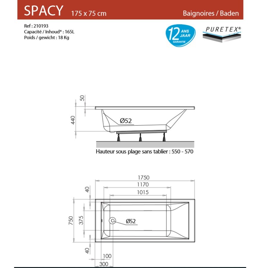 Ligbad Allibert Spacy 175x75x55-57 cm