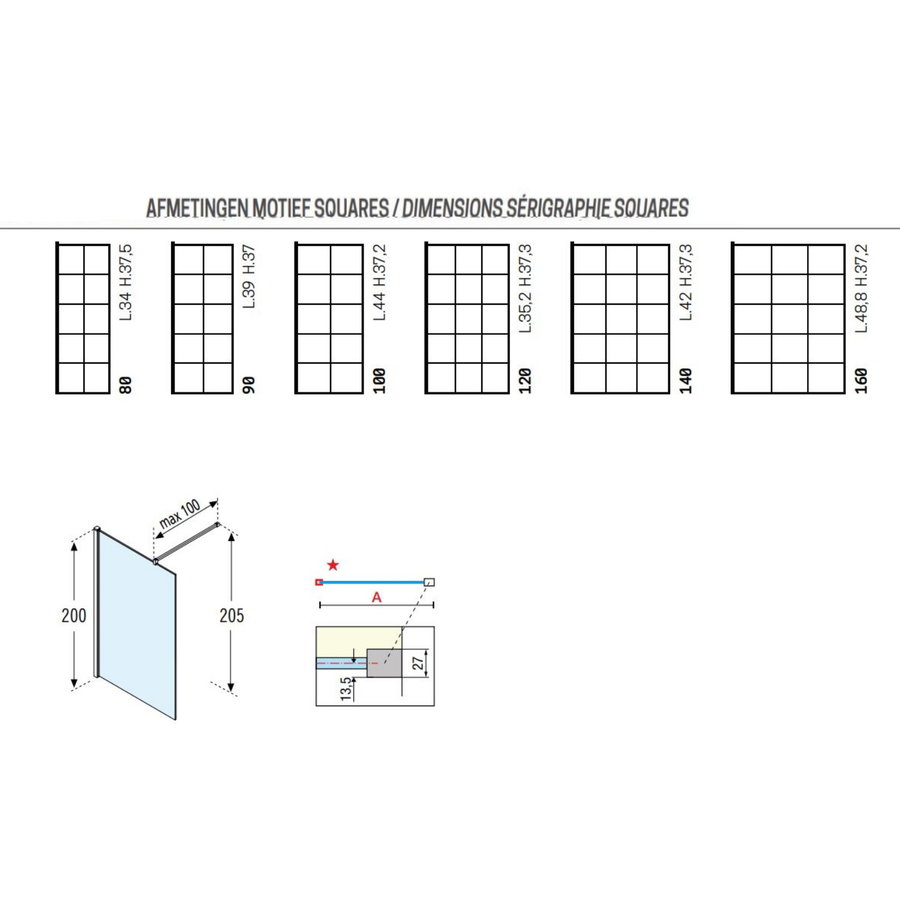 Inloopdouche Novellini Kuadra H Squares Helder Glas Mat Zwart Raster (alle maten)