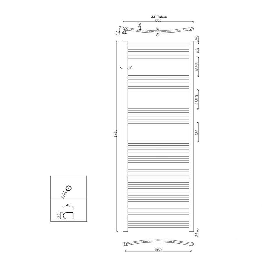 Handdoekradiator Sapho Alya Recht 60x176 cm 560W Chroom