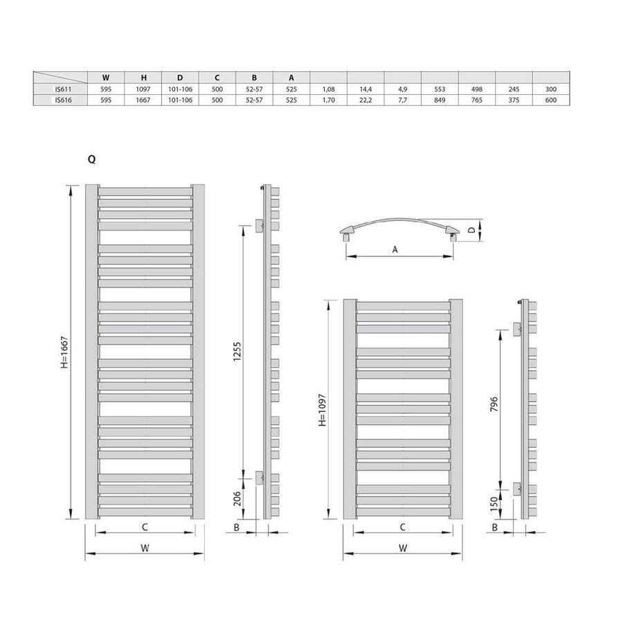 Handdoekradiator Sapho Sidi Gebogen 59.5x109.7 cm 553W Zilver