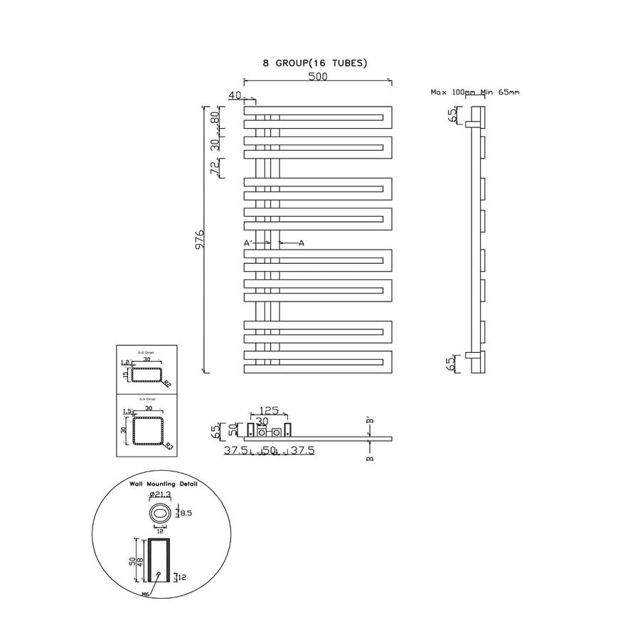 Designradiator Sapho Volga Recht 50x97.6 cm 265W Geborsteld RVS