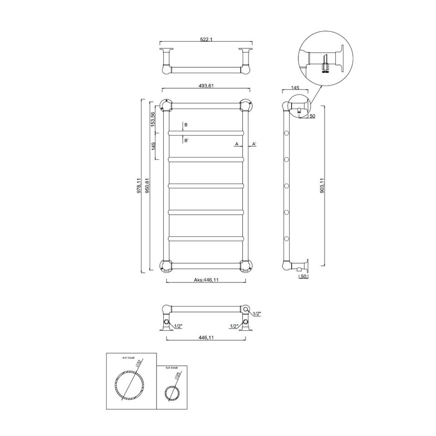 Designradiator Sapho Uno Recht 49.3x95.1 cm 175W RVS