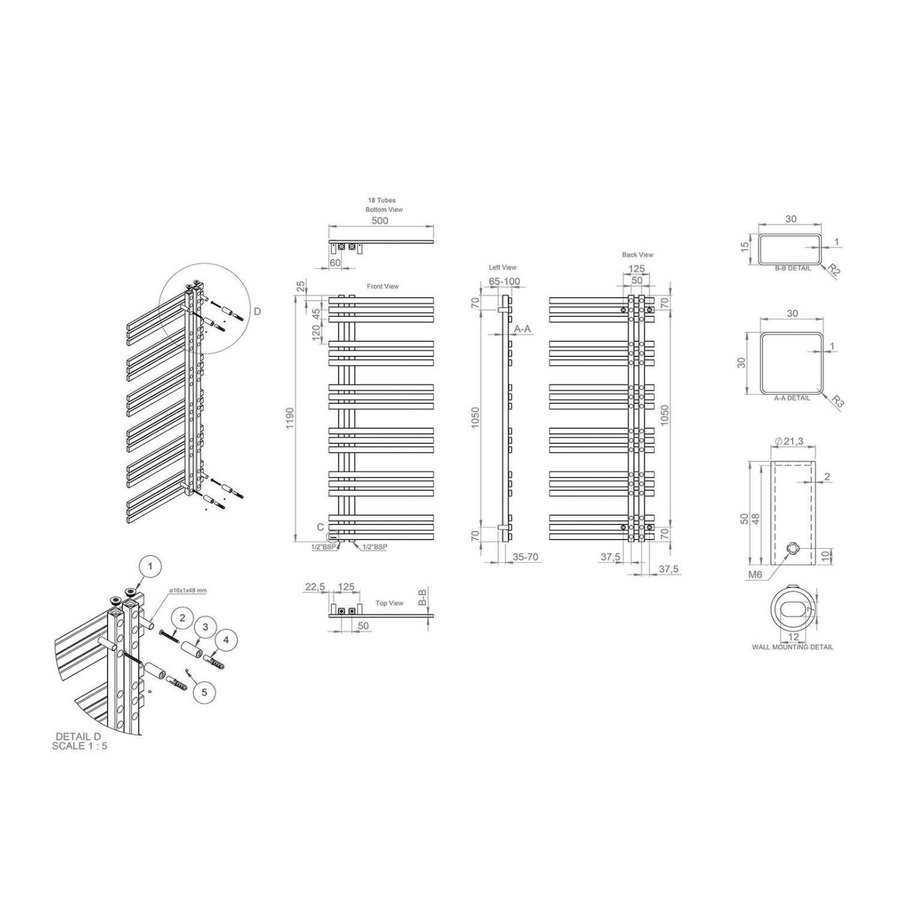 Designradiator Sapho Vista Recht 50x119 cm 307W Geborsteld RVS