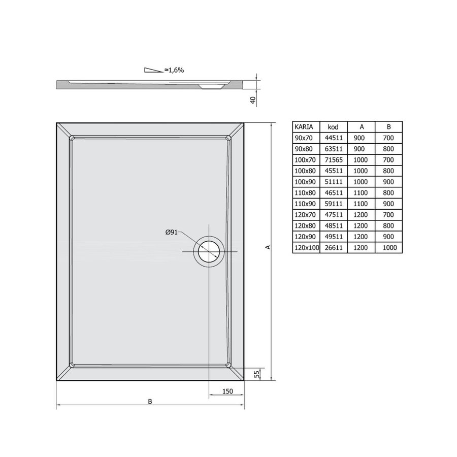 Douchebak Marmer Sapho Karia 100x70x4 cm Rechthoek Wit