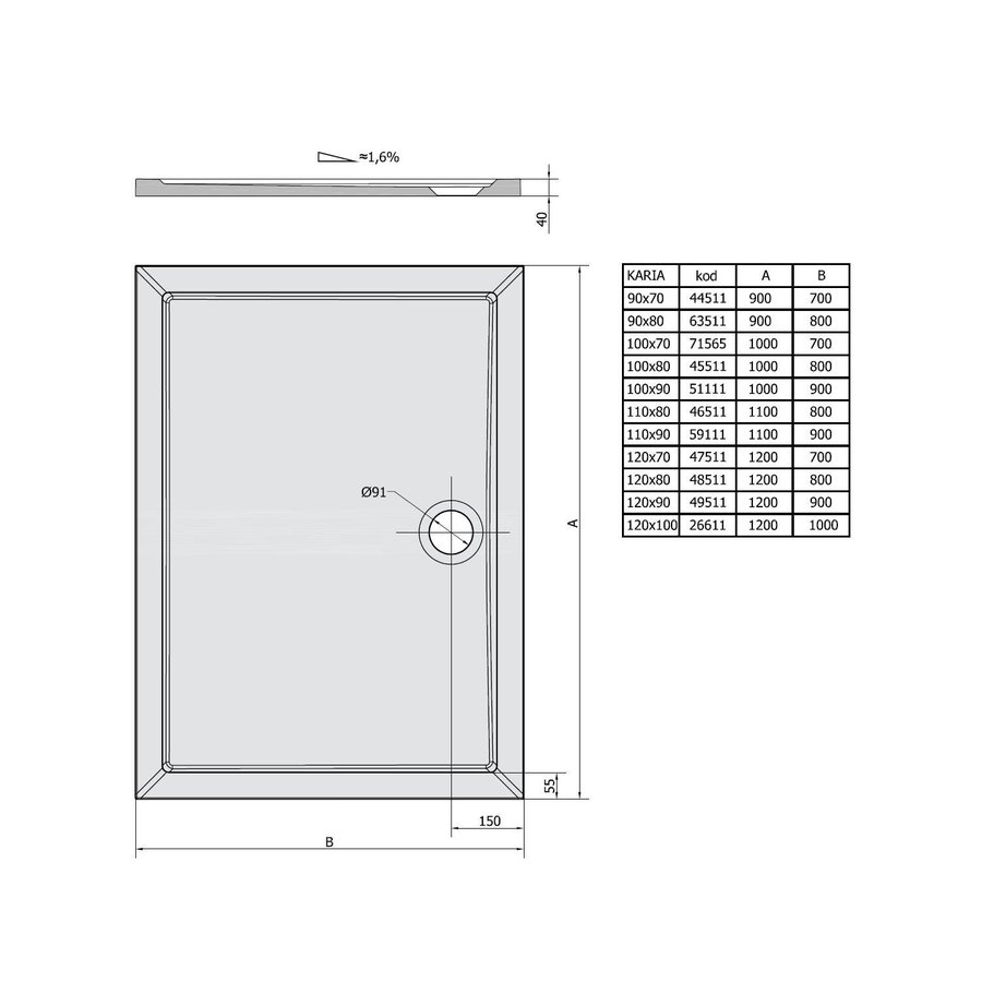 Douchebak Marmer Sapho Karia 100x90x4 cm Rechthoek Wit