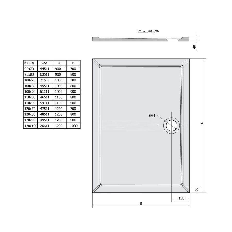 Douchebak Marmer Sapho Karia 120x80x4 cm Rechthoek Wit