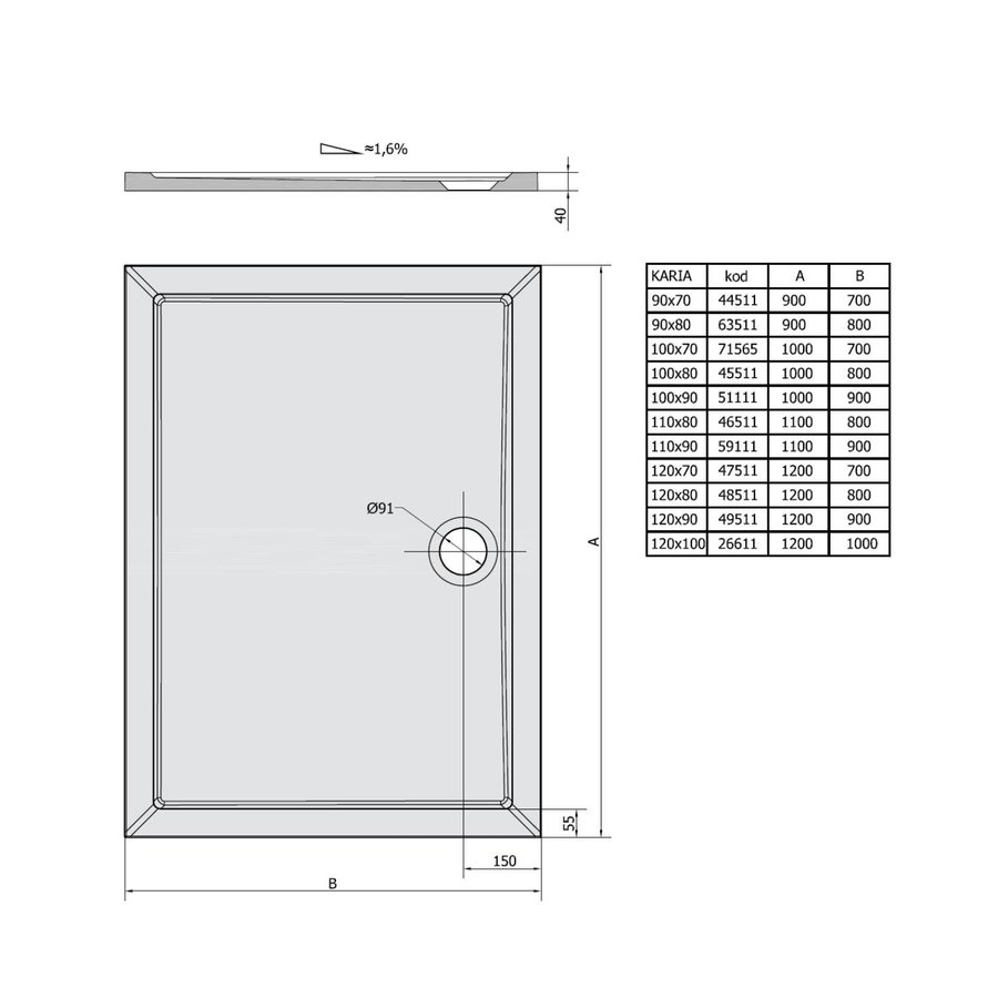 Douchebak Marmer Sapho Karia 120x90x4 cm Rechthoek Wit